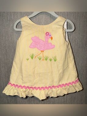 Bailey Boys - Yellow Seersucker Flamingo Applique Bloomer Set